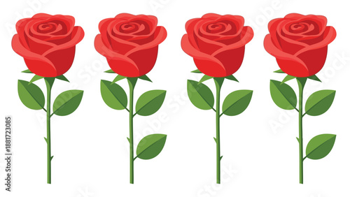A simple illustration showcases four vibrant fully bloomed red roses with green stems and leaves