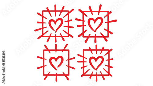 Four red heart shapes enclosed within spiky starburst like frames are displayed in a symmetrical arrangement