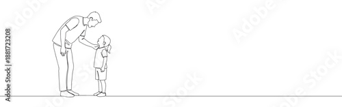 One continuous line drawing of a father talking to his daughter. Minimalist style