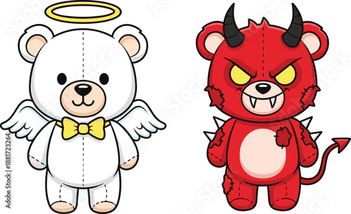 Cute angel and devil teddy bear cartoon illustration showing good versus evil concept, adorable fantasy characters comparison, playful moral symbolism design, colorful mascot vector isolated