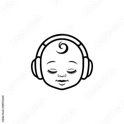 A serene baby with closed eyes and headphones, ideal for kids music apps, lullaby playlists, baby DJ logos, nursery stickers and family audio branding.