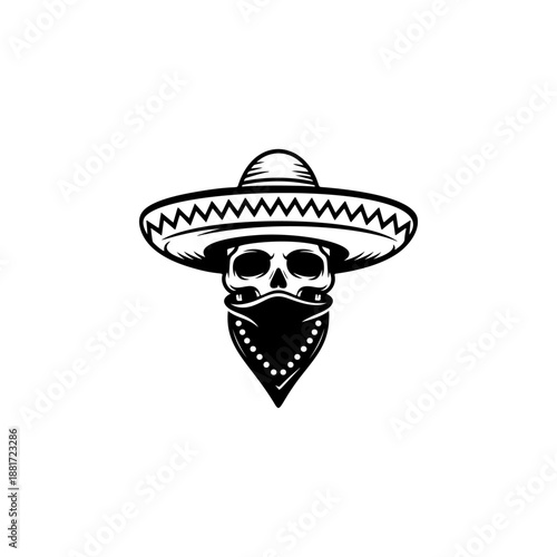A bandit skull wearing a wide sombrero hat and bandana mask, perfect for Mexican-themed logos, taco truck branding, Day of the Dead merch, party stickers and western outlaw designs.
