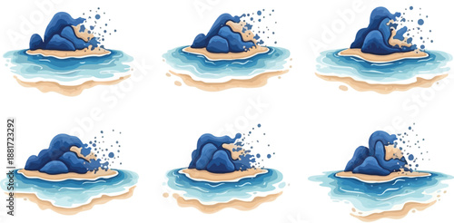 Waves crash against a rocky island surrounded by blue ocean water and a sandy beach.