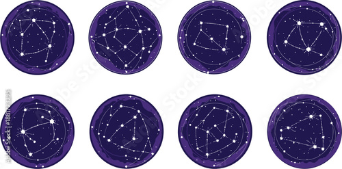 Eight circular illustrations depict various constellations against a dark starry background.