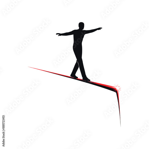 Conceptual 3D silhouette of a man walking carefully on a thin red line that is breaking. Metaphor for risk, instability, life balance, and overcoming a dangerous crisis.