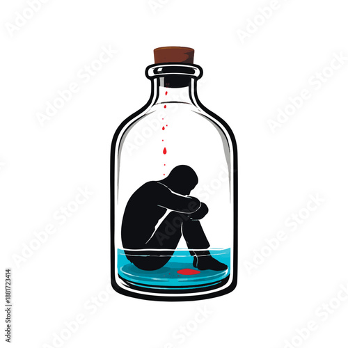 Emotional 3D silhouette of a man trapped in a bottle, symbolizing depression, addiction, and isolation. Conceptual vector illustration with red drips for mental health awareness.