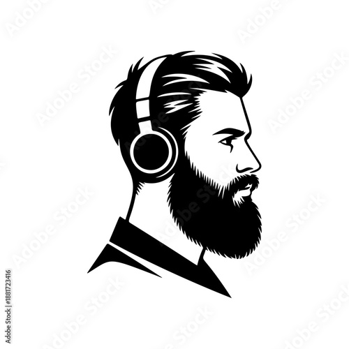 A stylish bearded man profile wearing headphones, perfect for podcast logos, music studio branding, audio equipment labels, hipster apparel prints and modern sound production designs.