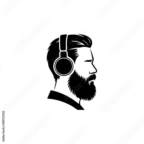 A stylish bearded man profile wearing headphones, perfect for podcast logos, music studio branding, audio equipment labels, hipster apparel prints and modern sound production designs.