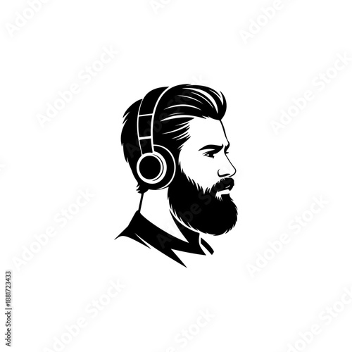 A stylish bearded man profile wearing headphones, perfect for podcast logos, music studio branding, audio equipment labels, hipster apparel prints and modern sound production designs.