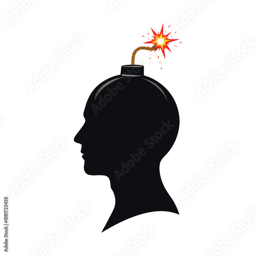 Conceptual 3D silhouette of a human head designed as a round bomb with a lit, sparkling fuse. Metaphor for mental stress, anger, burnout, or an impending explosion of creative ideas.