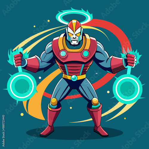 Superhero in futuristic armor holding glowing energy orbs, dynamic pose