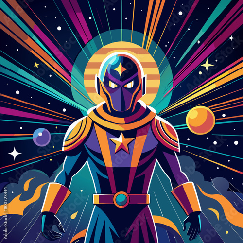 Vibrant cosmic superhero in retro scifi style with radiant energy burst