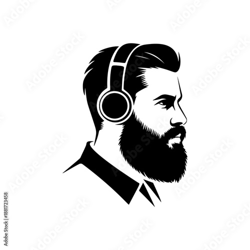 A stylish bearded man profile wearing headphones, perfect for podcast logos, music studio branding, audio equipment labels, hipster apparel prints and modern sound production designs.