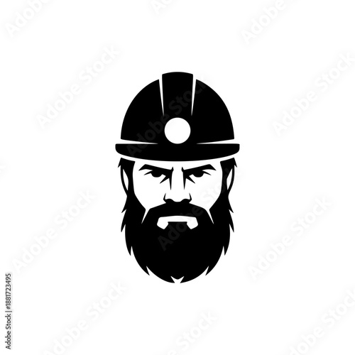 A tough bearded miner wearing a hard hat with headlamp, perfect for mining company logos, construction branding, industrial safety gear, drilling team emblems and heavy equipment apparel.