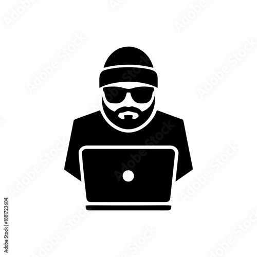 A cool bearded hacker in beanie and sunglasses working on a laptop, perfect for cybersecurity logos, tech startup branding, coding bootcamp merch, dark web stickers and digital nomad apparel.