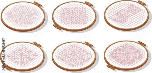 Six embroidery hoops display different stages of geometric stitching patterns.