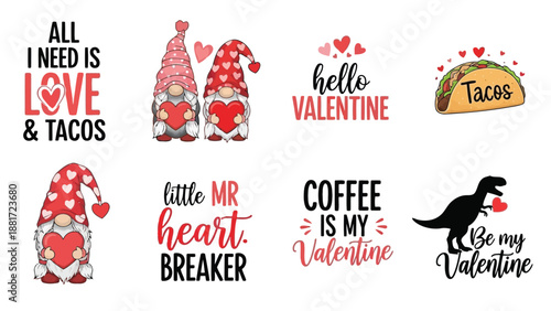 A collection of valentine s day themed graphics including gnomes tacos dinosaurs and loving phrases