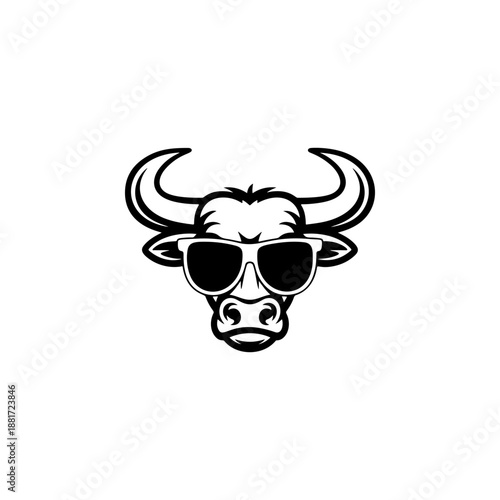 A cool bull head wearing sunglasses, perfect for streetwear brands, energy drink logos, gym apparel, hip-hop merch, tattoo designs and urban bullfighting club stickers.