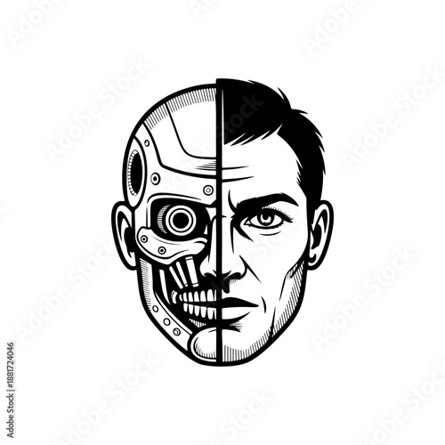 A striking half-man half-robot cyborg face in split design, with skeletal skull on one side and intense human features on the other, perfect for cyberpunk gaming logos