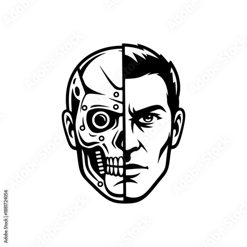 A striking half-man half-robot cyborg face in split design, with skeletal skull on one side and intense human features on the other