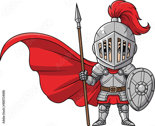 Cute medieval knight character holding spear and shield with red cape, cartoon fantasy warrior illustration, heroic chibi armor mascot isolated on white background