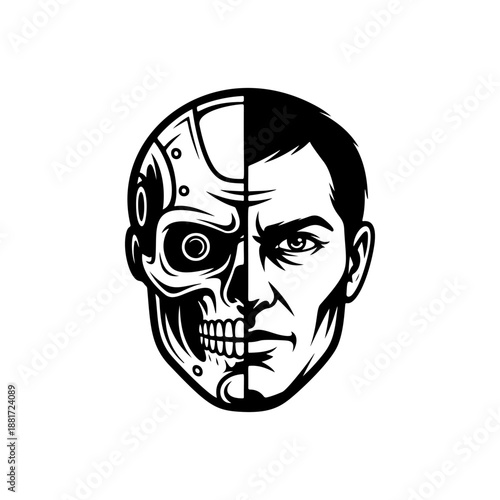 A striking half-man half-robot cyborg face in split design, with skeletal skull on one side and intense human features on the other, perfect for cyberpunk gaming logos