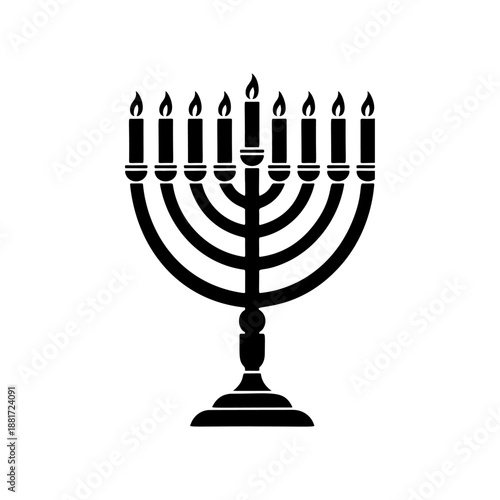 A classic Hanukkah menorah with nine lit candles on curved branches atop an ornate stand, perfect for Jewish holiday cards, synagogue logos