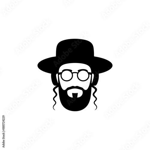 A traditional Orthodox Jewish man with payot sidelocks, full beard, round glasses and black hat, ideal for cultural logos, religious apparel, synagogue branding