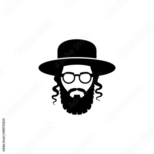 A traditional Orthodox Jewish man with payot sidelocks, full beard, round glasses and black hat, ideal for cultural logos, religious apparel, synagogue branding