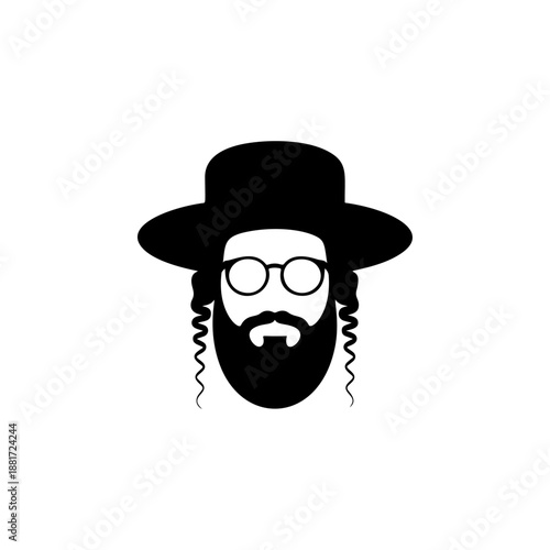A traditional Orthodox Jewish man with payot sidelocks, full beard, round glasses and black hat, ideal for cultural logos, religious apparel, synagogue branding
