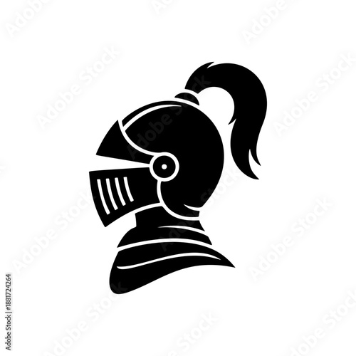 A profile view of a medieval knight helmet with flowing ponytail, detailed visor slits and ornate neck guard, perfect for fantasy gaming logos, historical reenactment merch