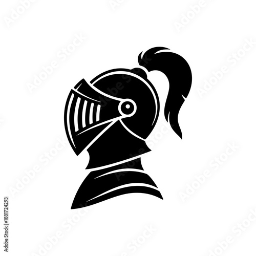 A profile view of a medieval knight helmet with flowing ponytail, detailed visor slits and ornate neck guard, perfect for fantasy gaming logos, historical reenactment merch, LARP events