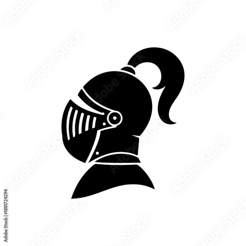 A profile view of a medieval knight helmet with flowing ponytail, detailed visor slits and ornate neck guard, perfect for fantasy gaming logos, historical reenactment merch