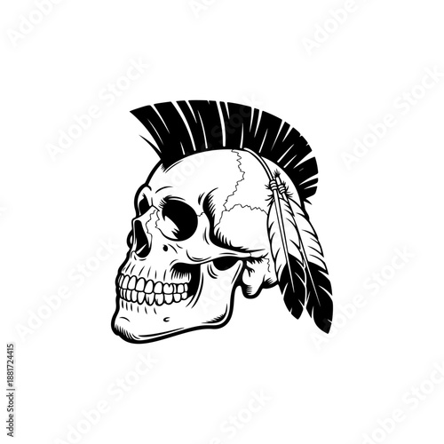 A fierce Native American skull with prominent mohawk crest and flowing feathers, ideal for tribal punk merch, biker gang logos, heavy metal band tees, 