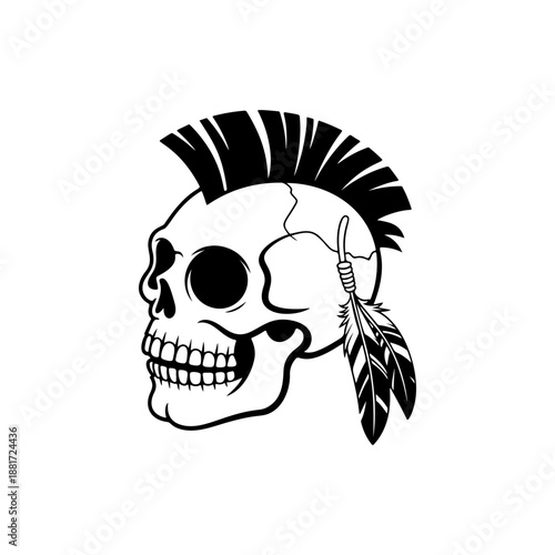A fierce Native American skull with prominent mohawk crest and flowing feathers, ideal for tribal punk merch, biker gang logos, heavy metal band tees, 