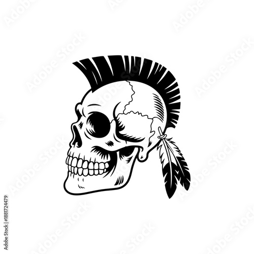 A fierce Native American skull with prominent mohawk crest and flowing feathers, ideal for tribal punk merch, biker gang logos, heavy metal band tees, 