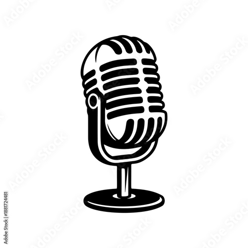A classic vintage microphone on a stand with retro grille design, perfect for podcast logos, recording studio branding, rock band merch, radio station icons