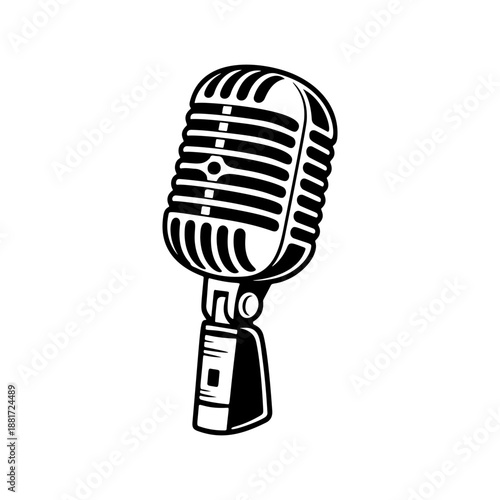 A classic vintage microphone on a stand with retro grille design, perfect for podcast logos, recording studio branding, rock band merch, radio station icons