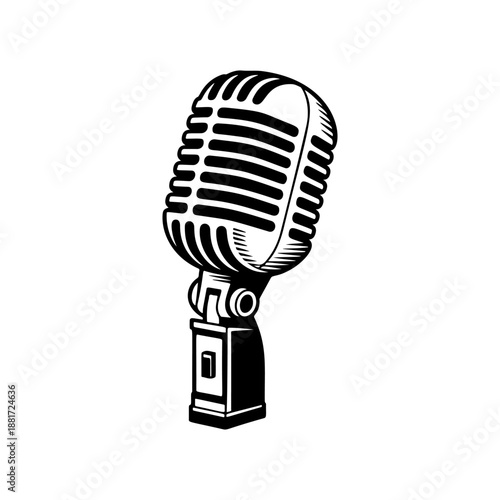 A classic vintage microphone on a stand with retro grille design, perfect for podcast logos, recording studio branding, rock band merch, radio station icons