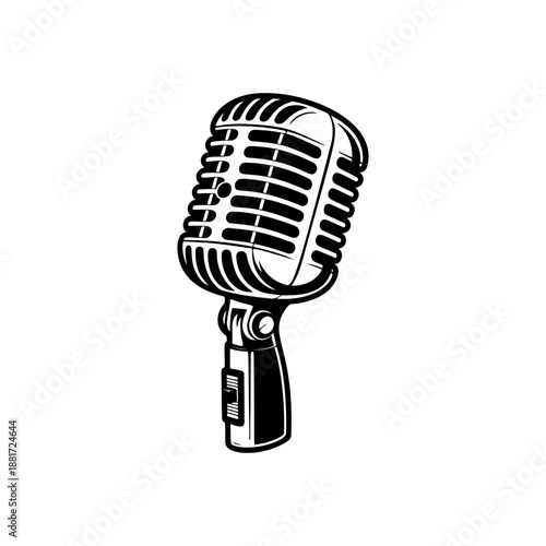 A classic vintage microphone on a stand with retro grille design, perfect for podcast logos, recording studio branding, rock band merch, radio station icons