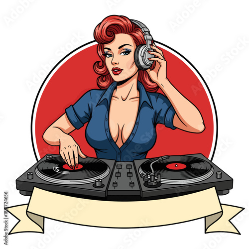A retro pin-up style illustration features a glamorous red-haired woman DJ spinning vinyl on twin turntables, framed by a bold red circle and a blank beige ribbon banner at the bottom
