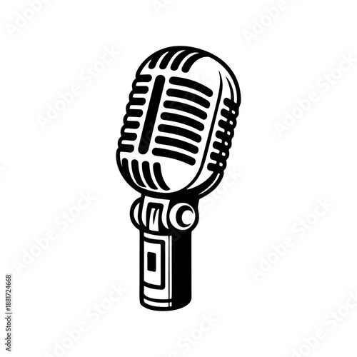 A classic vintage microphone on a stand with retro grille design, perfect for podcast logos, recording studio branding, rock band merch, radio station icons