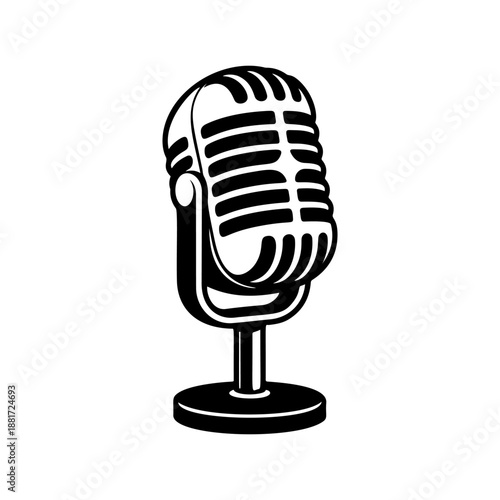 A classic vintage microphone on a stand with retro grille design, perfect for podcast logos, recording studio branding, rock band merch, radio station icons
