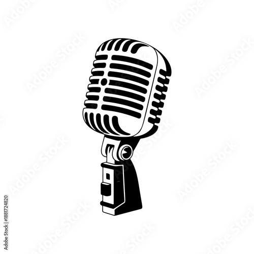 A classic vintage microphone on a stand with retro grille design, perfect for podcast logos, recording studio branding, rock band merch, radio station icons