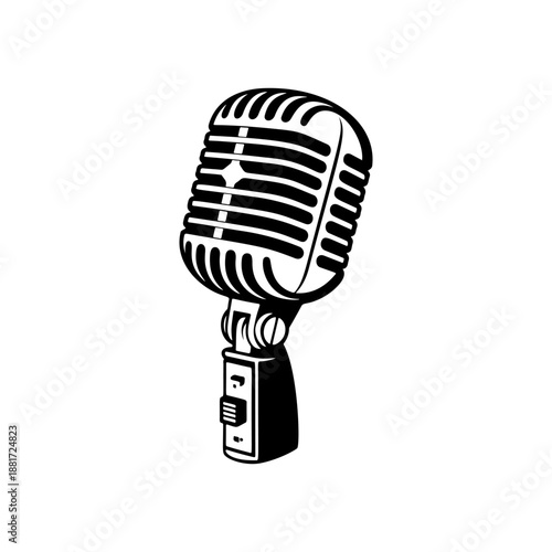 A classic vintage microphone on a stand with retro grille design, perfect for podcast logos, recording studio branding, rock band merch, radio station icons