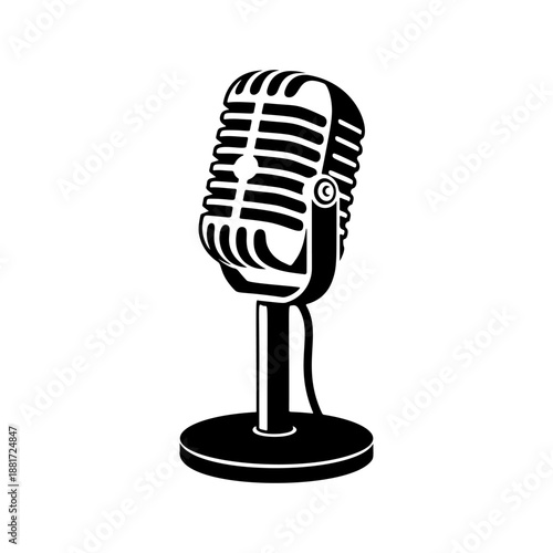 A classic vintage microphone on a stand with retro grille design, perfect for podcast logos, recording studio branding, rock band merch, radio station icons
