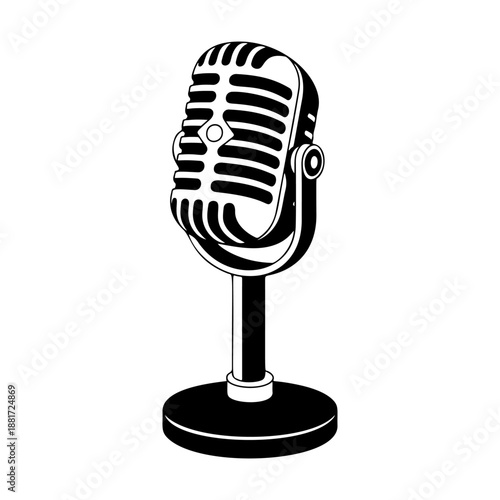 A classic vintage microphone on a stand with retro grille design, perfect for podcast logos, recording studio branding, rock band merch, radio station icons