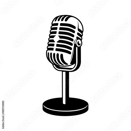 A classic vintage microphone on a stand with retro grille design, perfect for podcast logos, recording studio branding, rock band merch, radio station icons