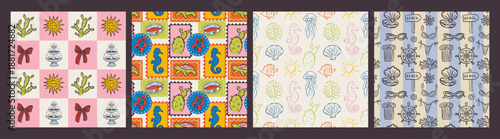 Whimsical hand drawn summer seamless pattern in trendy hand drawn style. Perfect background for quirky italian wedding holiday, poster cards, dinner and bar menu, fabric, wrapping paper