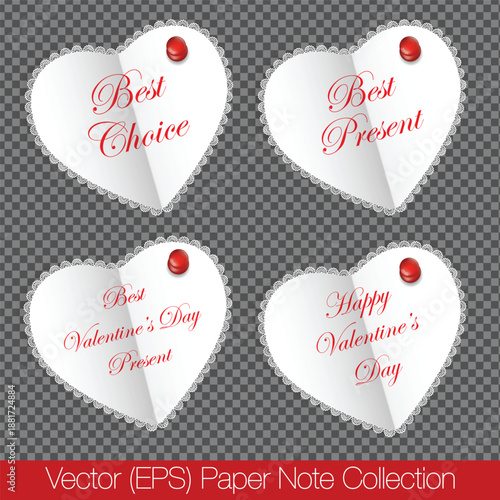 Set of Valentine’s Day Sale Banner, realistic paper note set with lace hearts pinned with red push pins and inscription Best Present, Best Choice, Valentine's Day Sale, Best Valentine's Day Gift